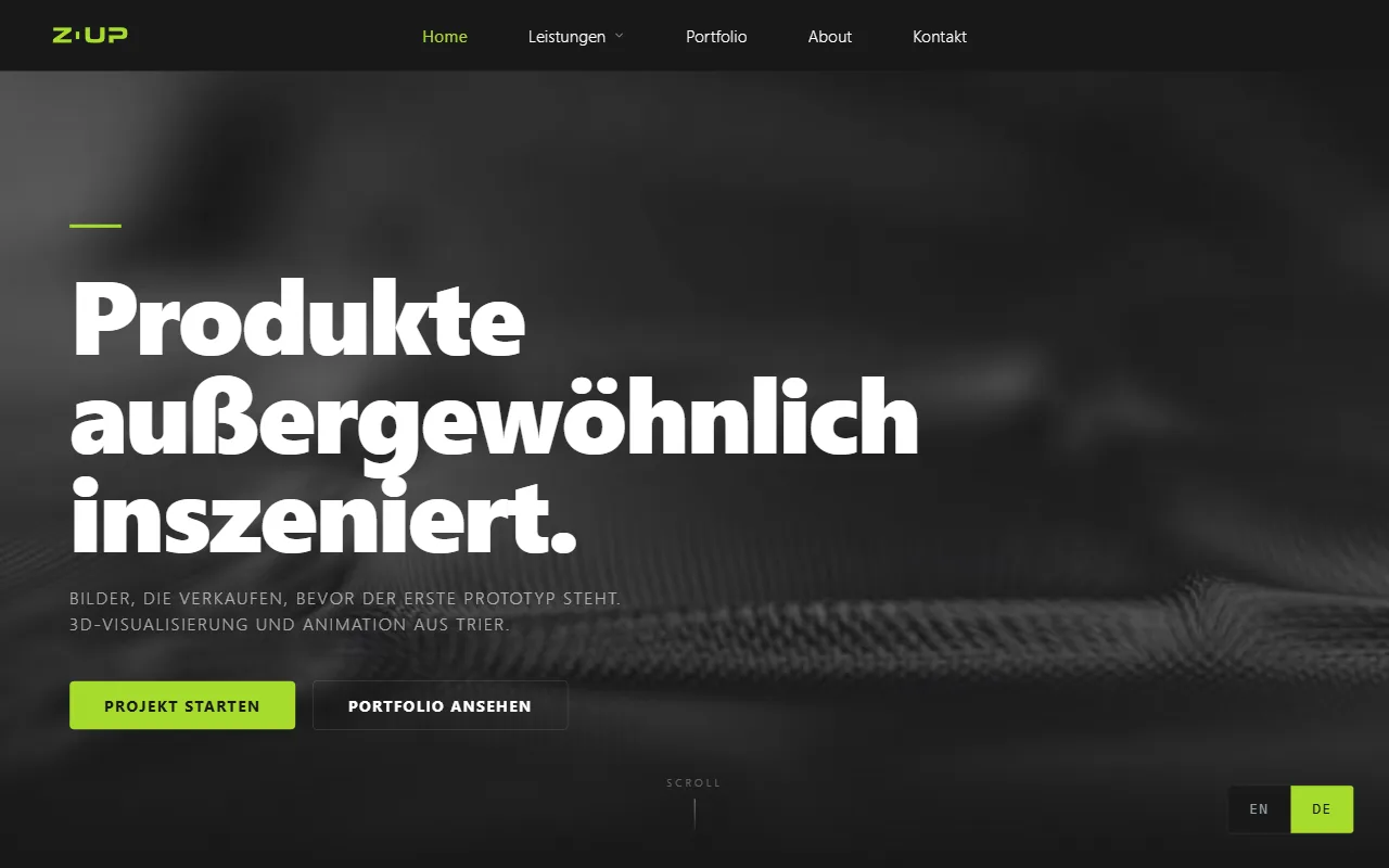 Live-Website Z-Up Studio, 3D & Visualisierung