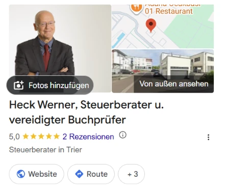 Der Google-Eintrag der Steuerberatung Heck: Fotos der Kanzlei, der Name, fünf Sterne aus zwei Rezensionen und die Kategorie Steuerberater in Trier.