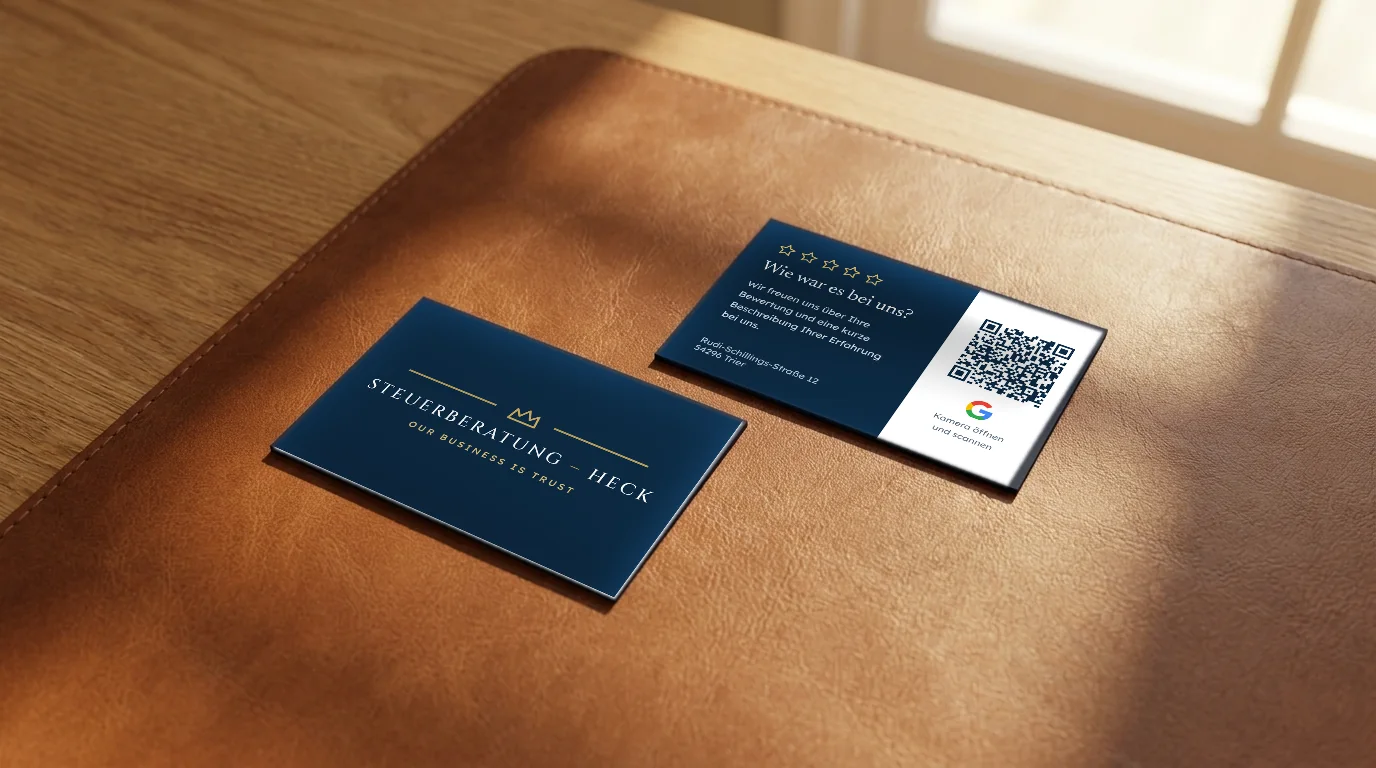 Zwei Rezensionskarten der Steuerberatung Heck auf einer Lederunterlage: vorne die Wortmarke mit Krone, hinten Sterne, die Frage nach einer Bewertung und ein QR-Code.