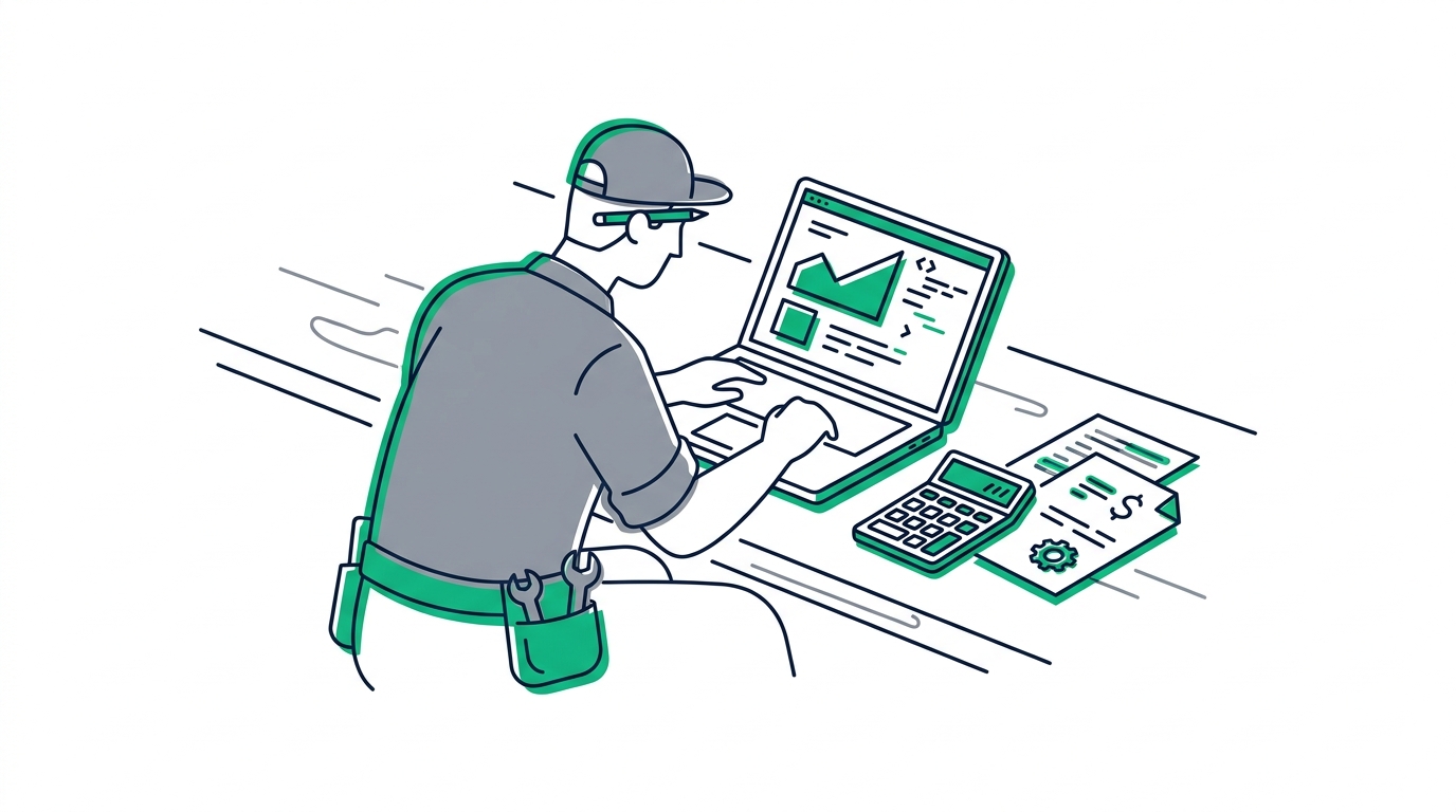 Handwerker kalkuliert Website-Kosten am Laptop mit Taschenrechner und Notizen auf dem Schreibtisch