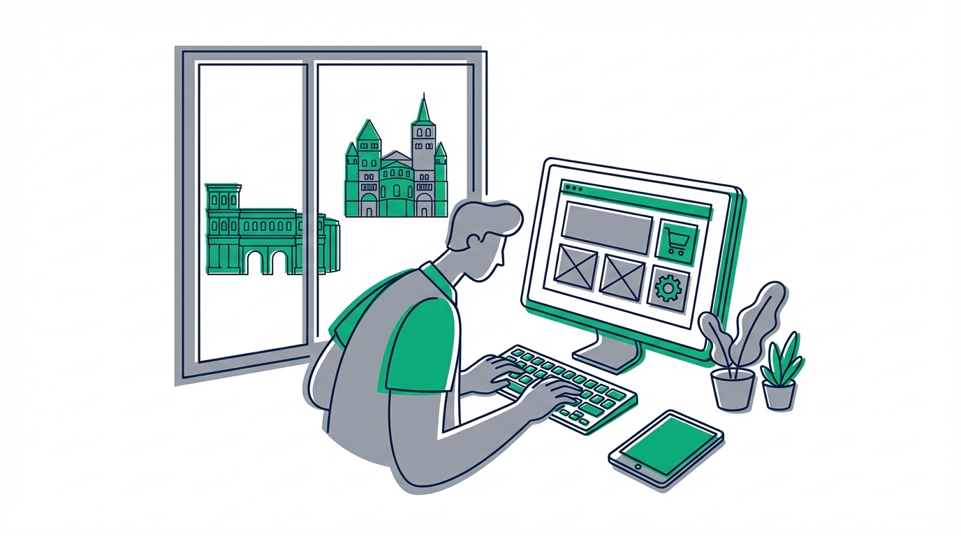 Webdesigner arbeitet am Computer an einer Website für ein lokales Unternehmen in Trier