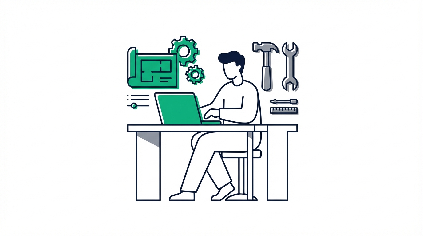 Handwerker arbeitet am Laptop mit KI-Tool für Geschäftsplanung