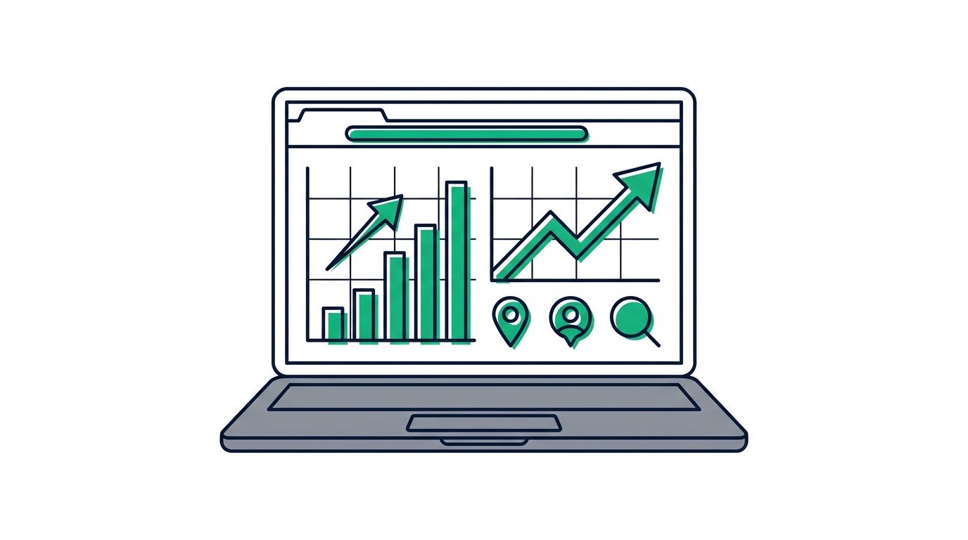 Laptop zeigt Website-Analytics mit steigenden Kurven für lokale Suchergebnisse